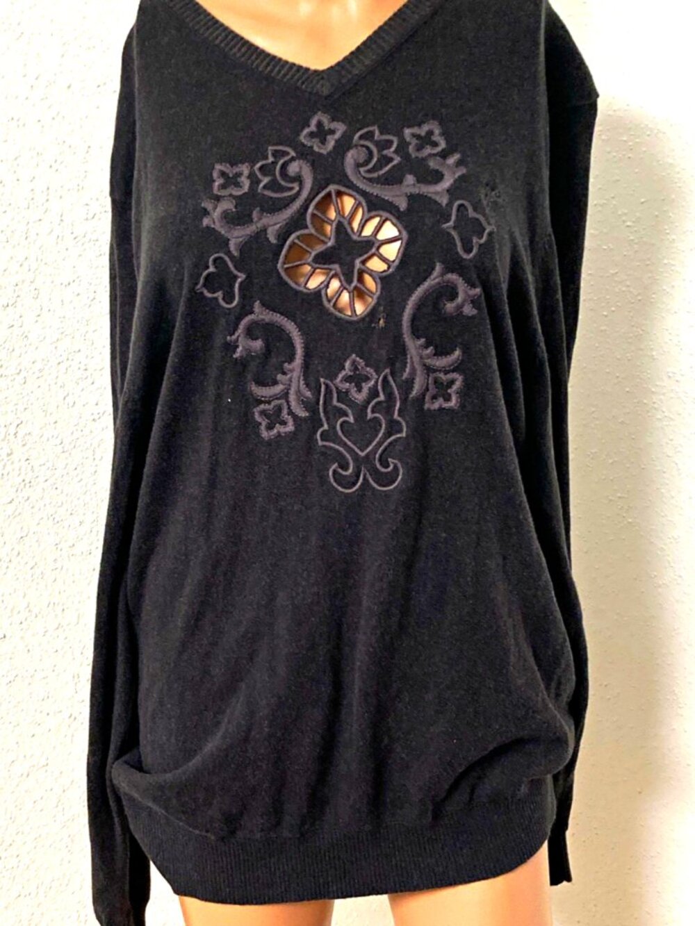 Furst of a Kind Black Embroidered Peekaboo V-Neck Sweater One Size